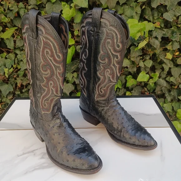 Nocona Full Quill Ostrich Western Boots Size 9.5 D Black/Red - Picture 3 of 12